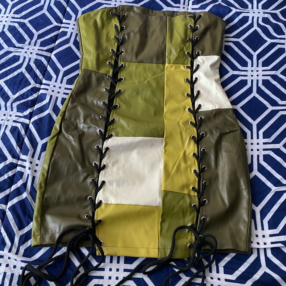 Patchwork Strapless Faux Leather Mini Dress with Lace-Up Detail